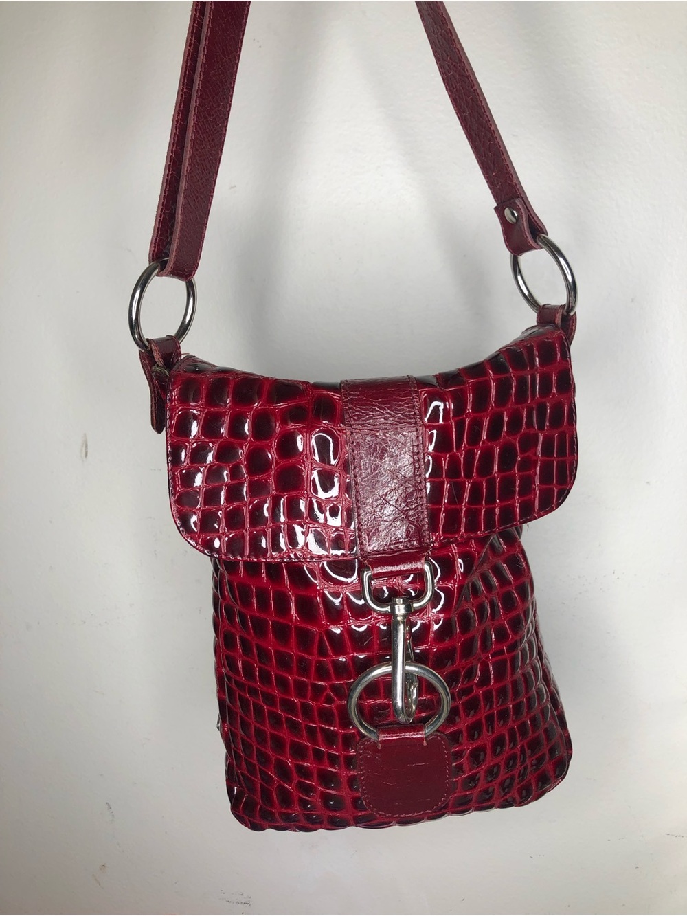 Leather Croc-Embossed Burgundy Crossbody Bag